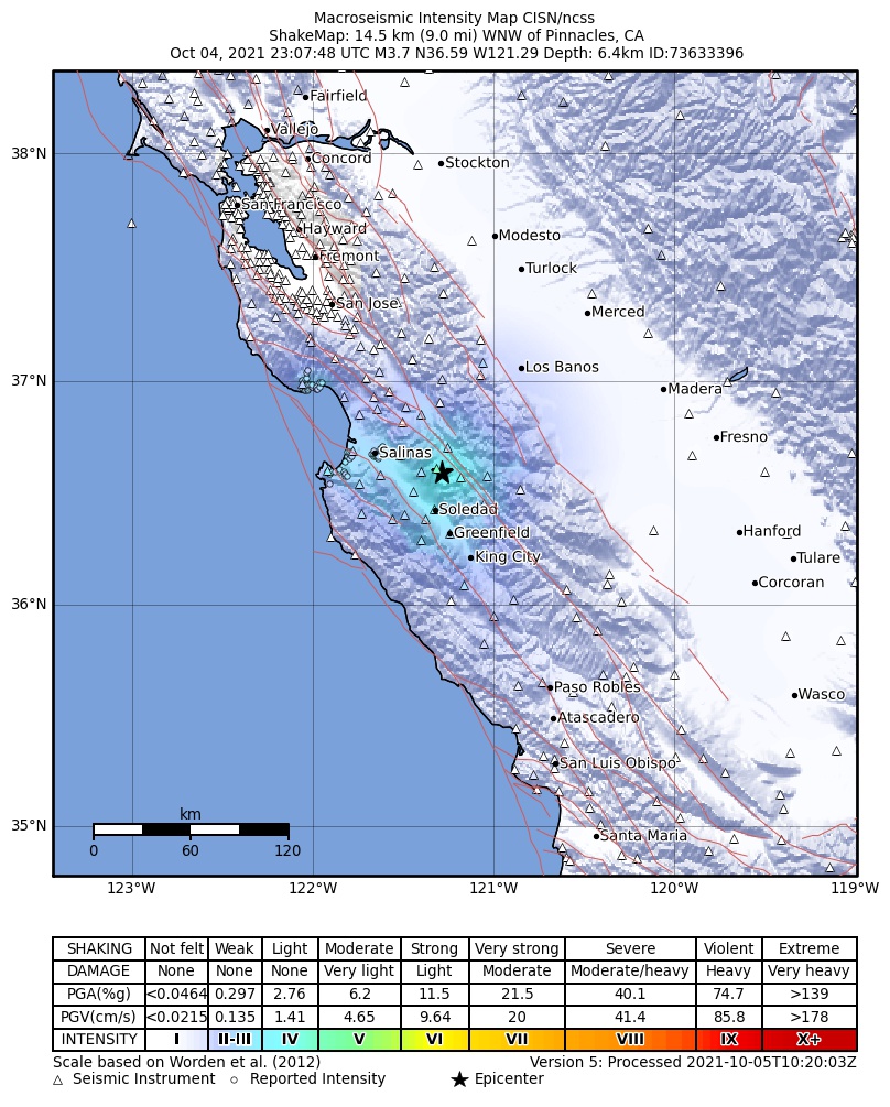 USGS ShakeMap intensity contours for the M3.7 earthquake near 14km WNW of Pinnacles, CA
