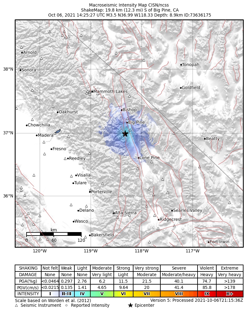 USGS ShakeMap: estimated shaking intensity around the epicenter