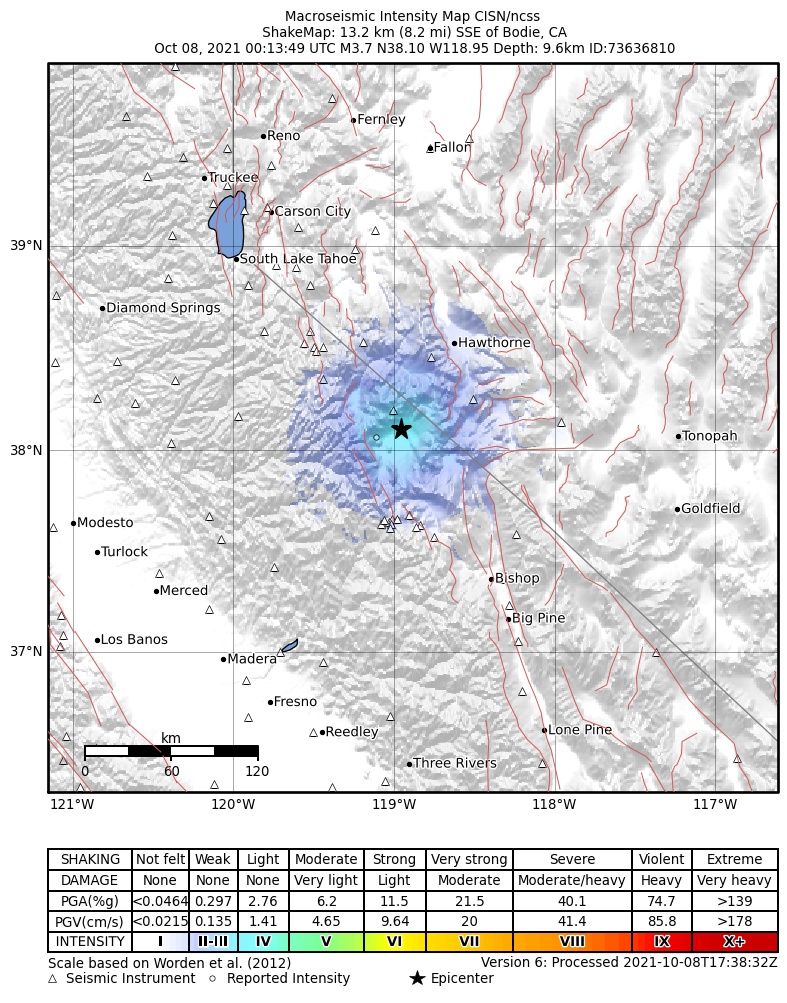 USGS ShakeMap: estimated shaking intensity around the epicenter