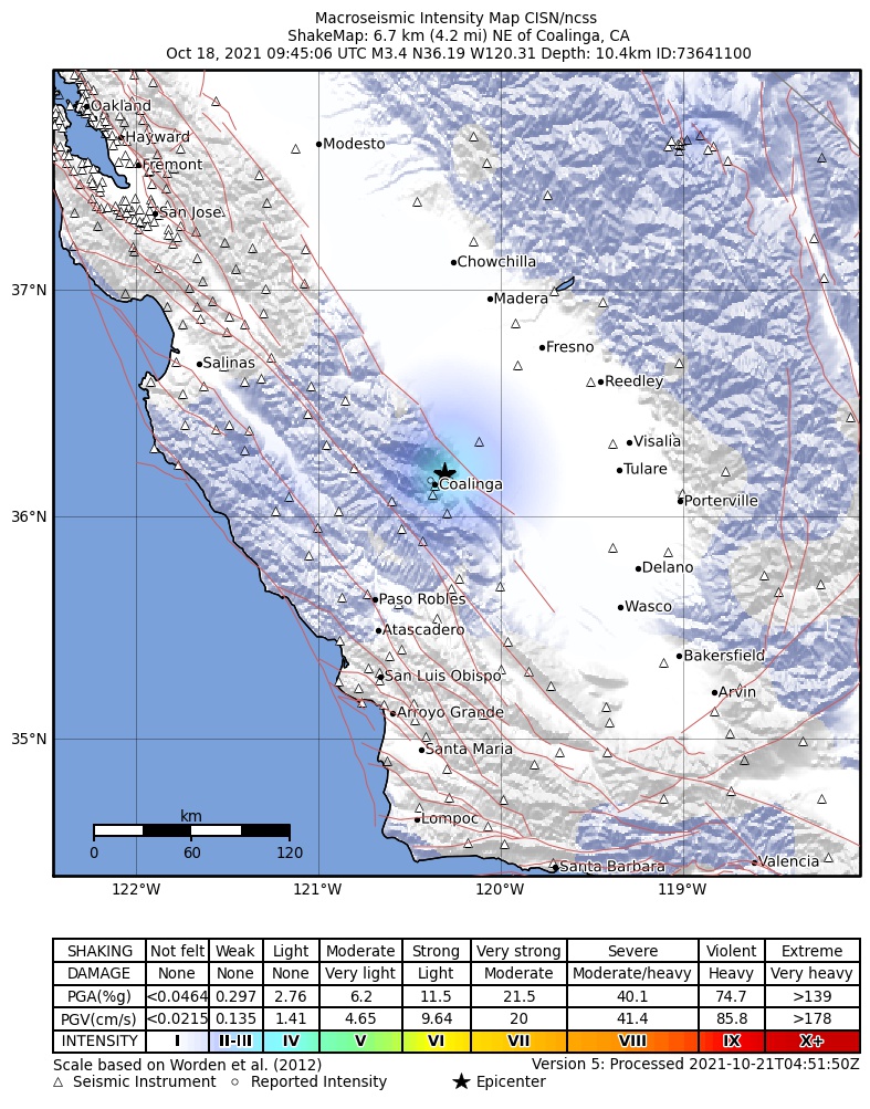 USGS ShakeMap: estimated shaking intensity around the epicenter