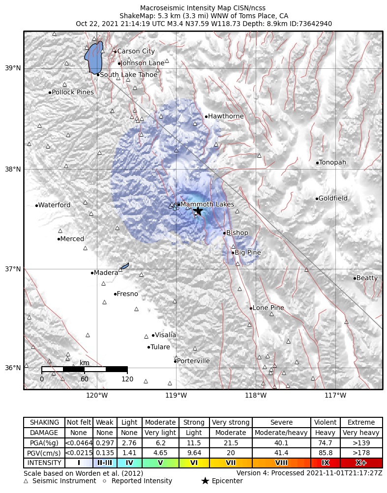 USGS ShakeMap intensity contours for the M3.4 earthquake near 5km WNW of Toms Place, CA