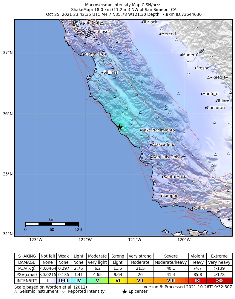 USGS ShakeMap intensity contours for the M4.7 earthquake near 18km NW of San Simeon, CA
