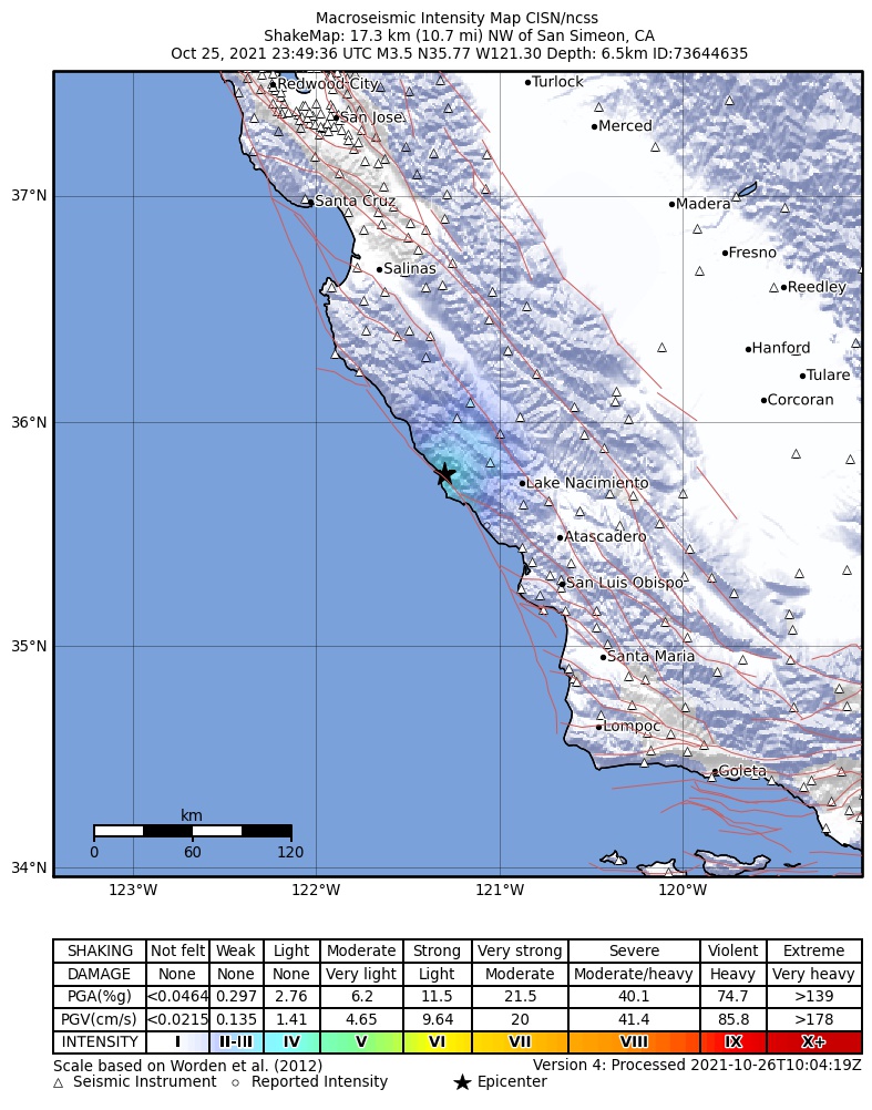 USGS ShakeMap intensity contours for the M3.5 earthquake near 17km NW of San Simeon, CA