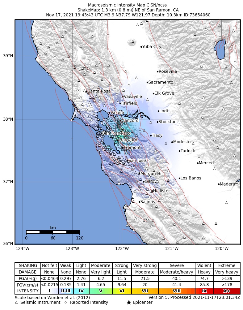 USGS ShakeMap intensity contours for the M3.9 earthquake near 1km NE of San Ramon, CA