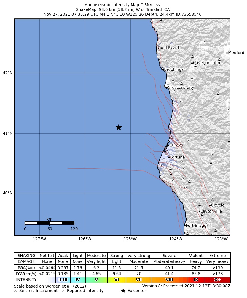 USGS ShakeMap: estimated shaking intensity around the epicenter