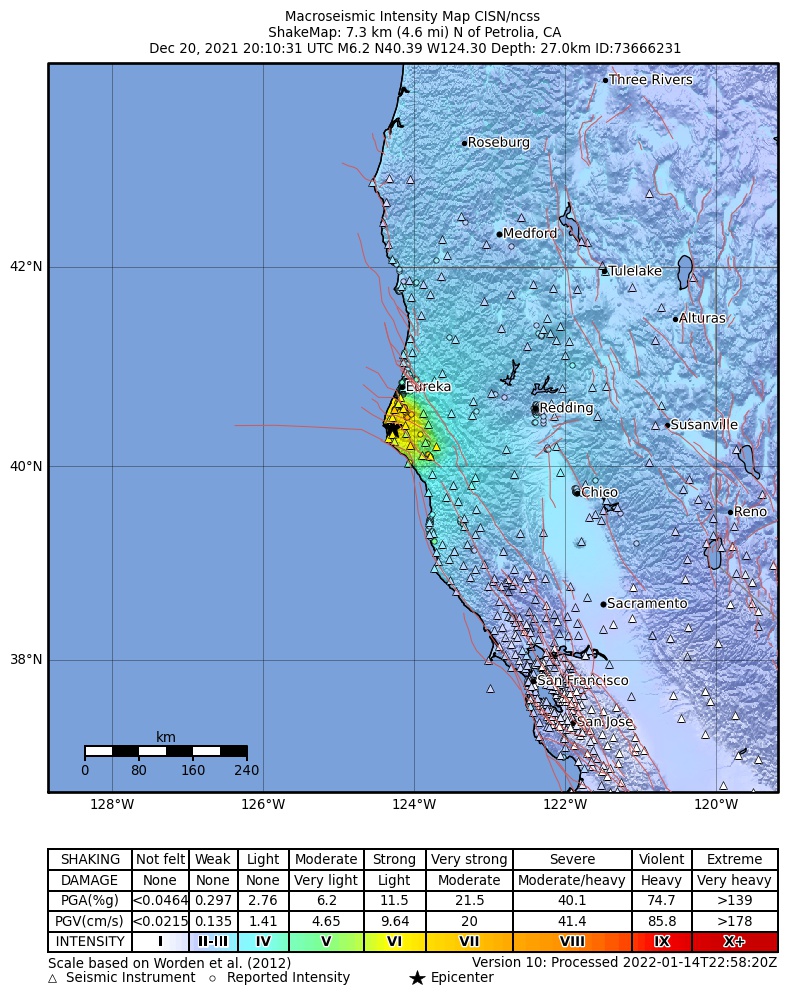 USGS ShakeMap intensity contours for the M6.2 earthquake near 7km N of Petrolia, CA
