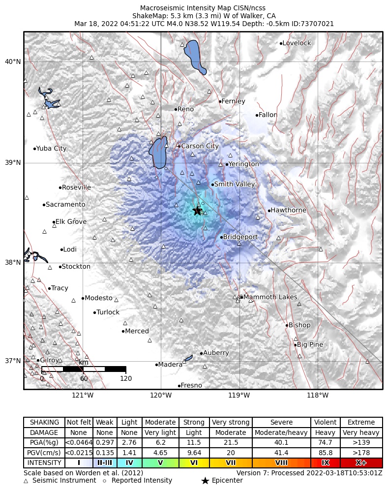 USGS ShakeMap: estimated shaking intensity around the epicenter