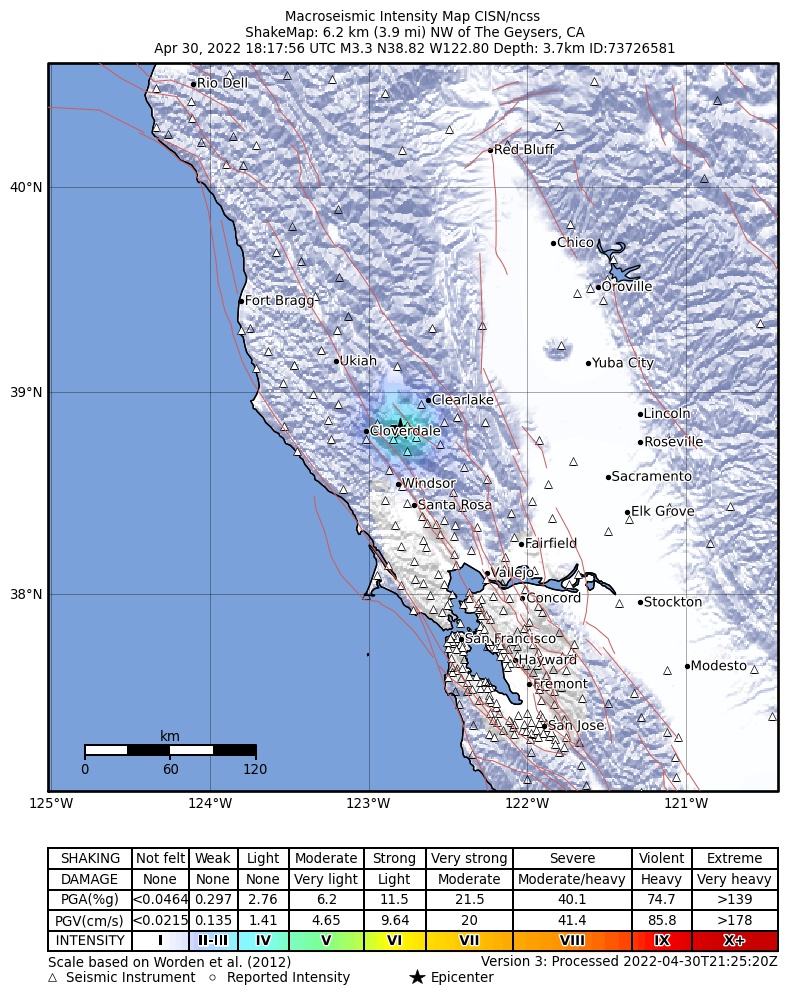 USGS ShakeMap intensity contours for the M3.3 earthquake near 6km NW of The Geysers, CA