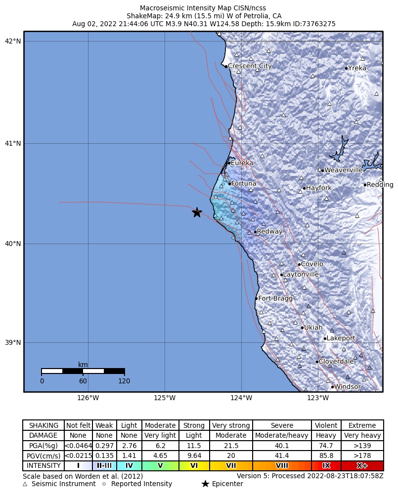 USGS ShakeMap intensity contours for the M3.9 earthquake near 25km W of Petrolia, CA