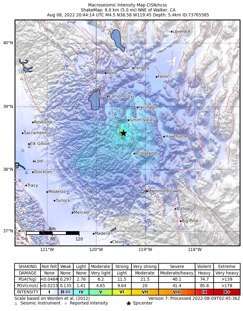 USGS ShakeMap intensity contours for the M4.5 earthquake near 8km NNE of Walker, CA