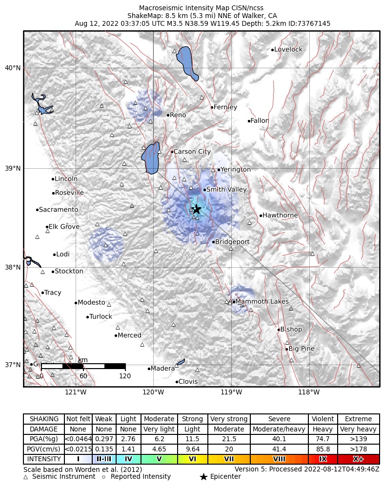 USGS ShakeMap: estimated shaking intensity around the epicenter
