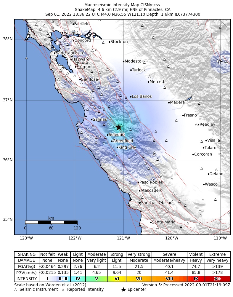 USGS ShakeMap: estimated shaking intensity around the epicenter