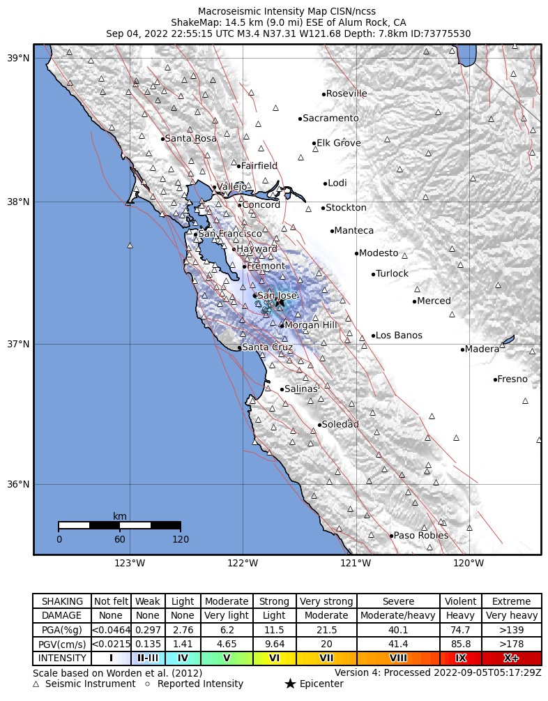 USGS ShakeMap intensity contours for the M3.4 earthquake near 14km ESE of Alum Rock, CA