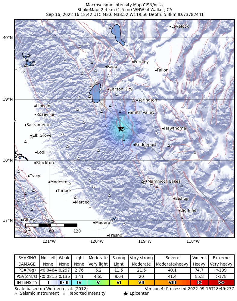 USGS ShakeMap: estimated shaking intensity around the epicenter