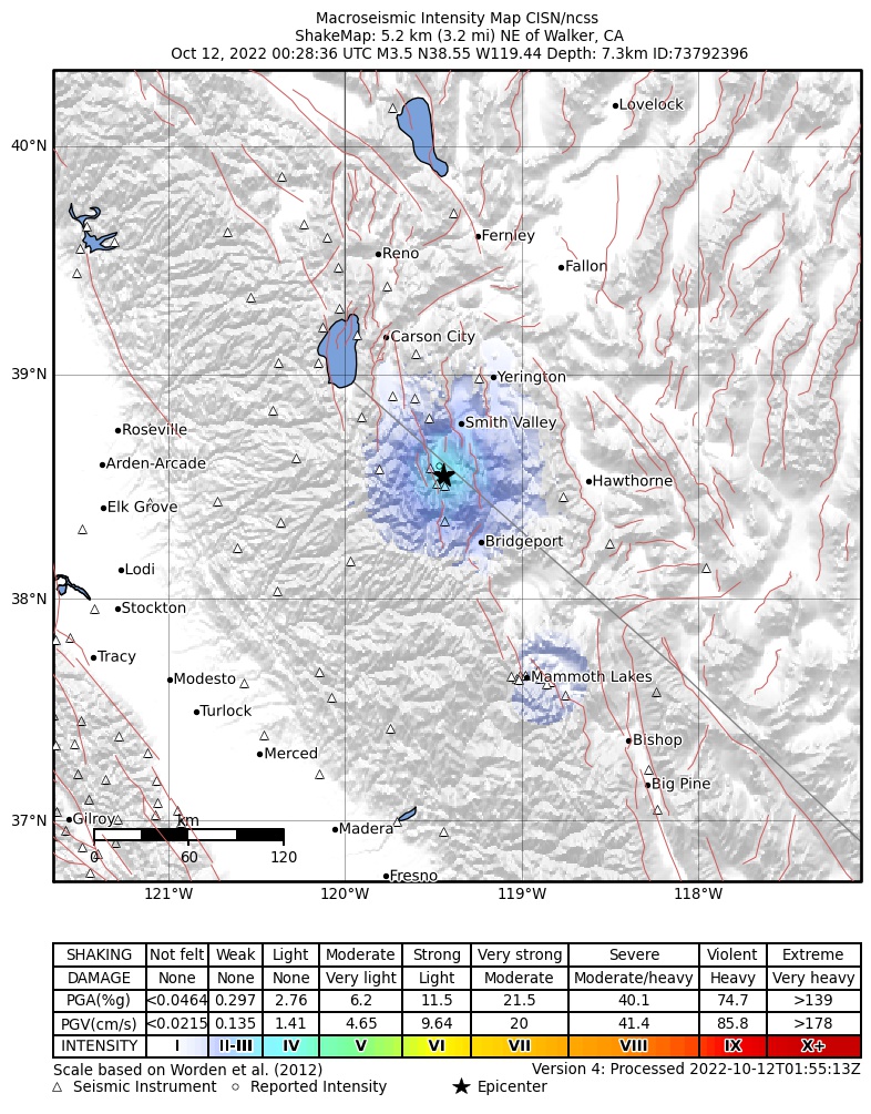 USGS ShakeMap: estimated shaking intensity around the epicenter