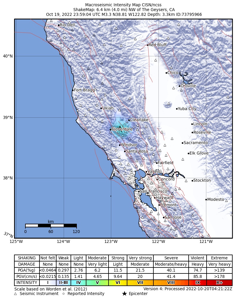 USGS ShakeMap intensity contours for the M3.3 earthquake near 6km NW of The Geysers, CA