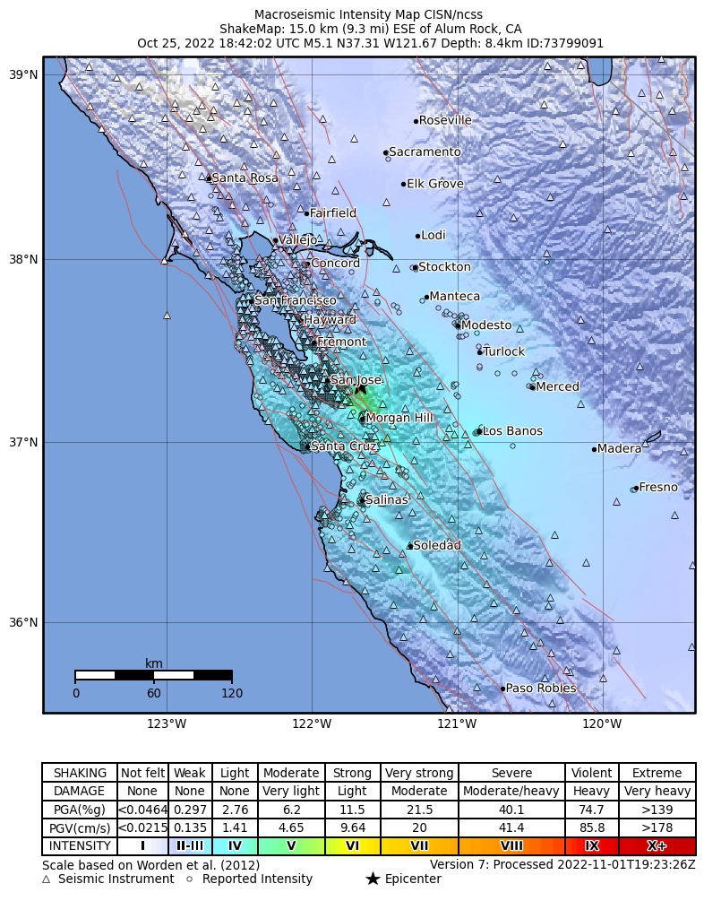 USGS ShakeMap intensity contours for the M5.1 earthquake near 15km ESE of Alum Rock, CA