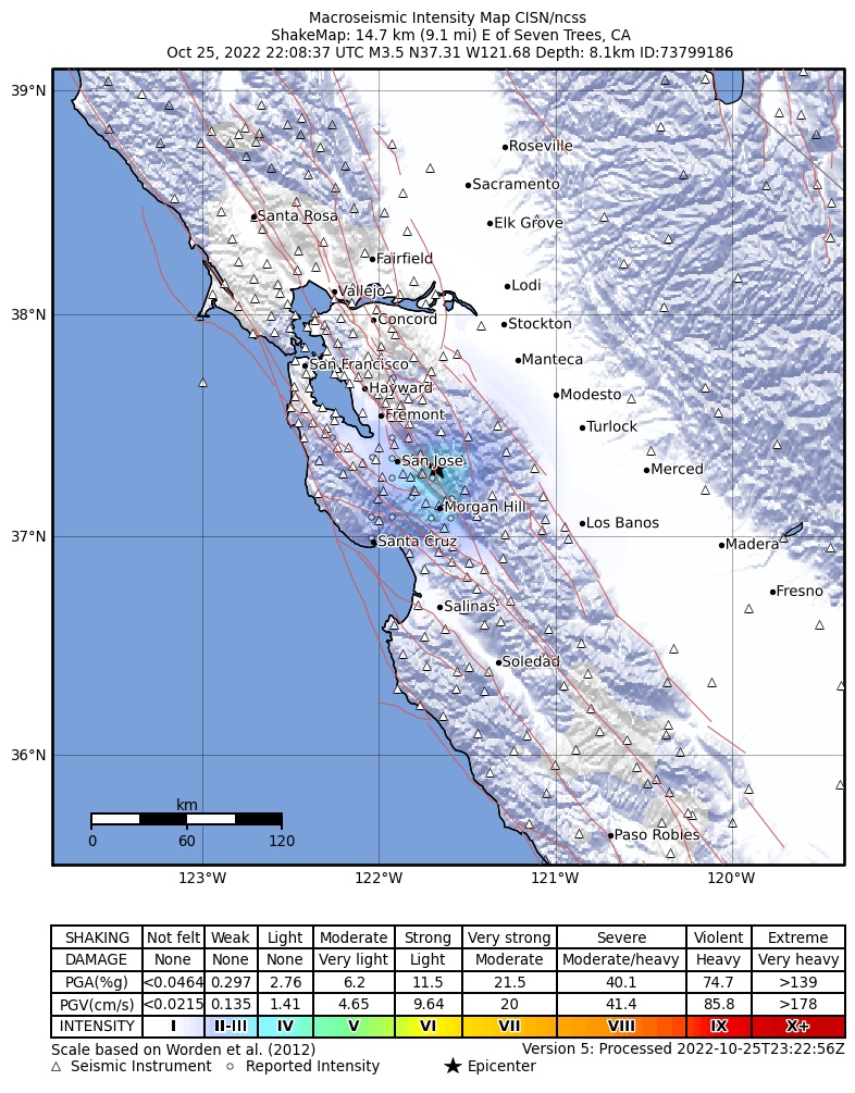 USGS ShakeMap intensity contours for the M3.5 earthquake near 15km E of Seven Trees, CA