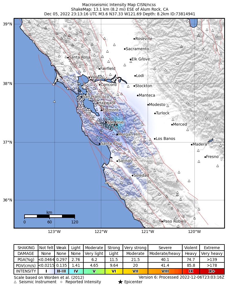 USGS ShakeMap intensity contours for the M3.6 earthquake near 13km ESE of Alum Rock, CA