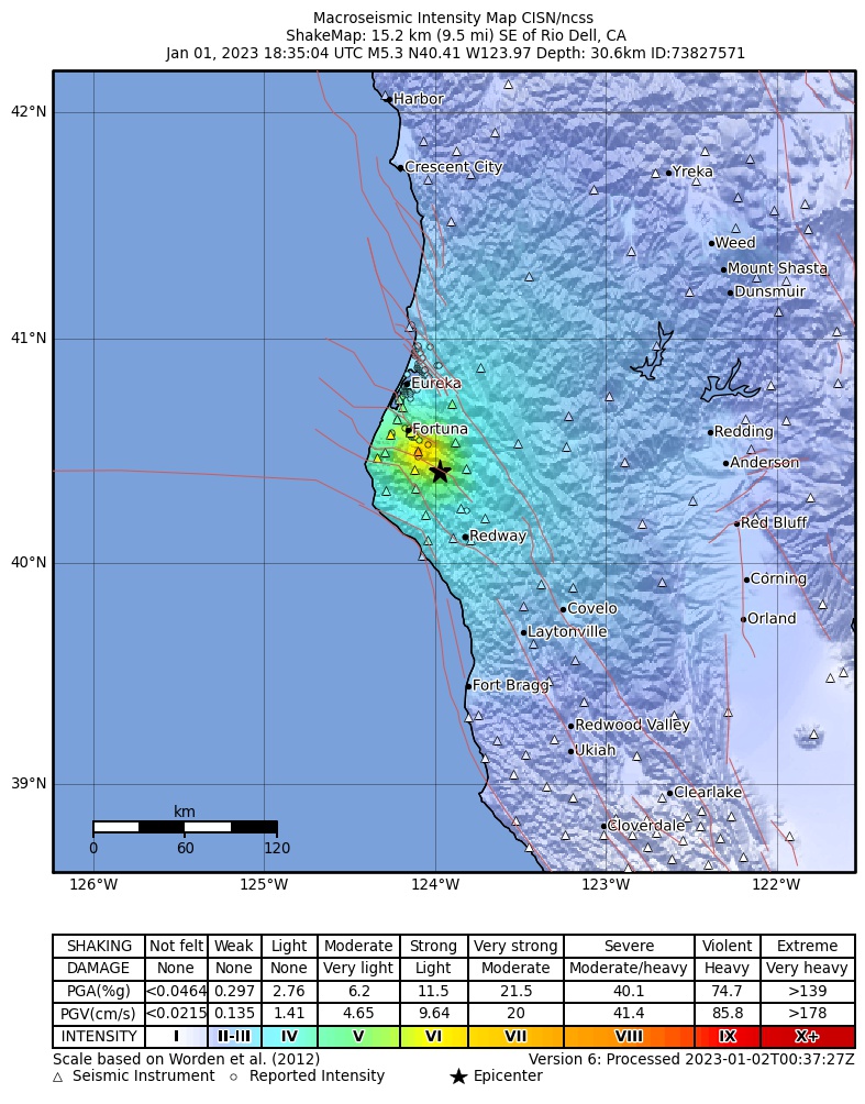USGS ShakeMap intensity contours for the M5.3 earthquake near 15km SE of Rio Dell, CA