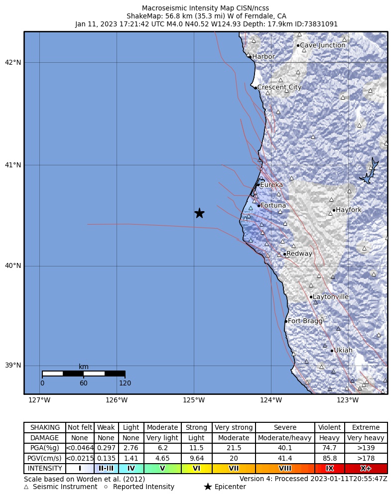 USGS ShakeMap intensity contours for the M4.0 earthquake near 57km W of Ferndale, CA