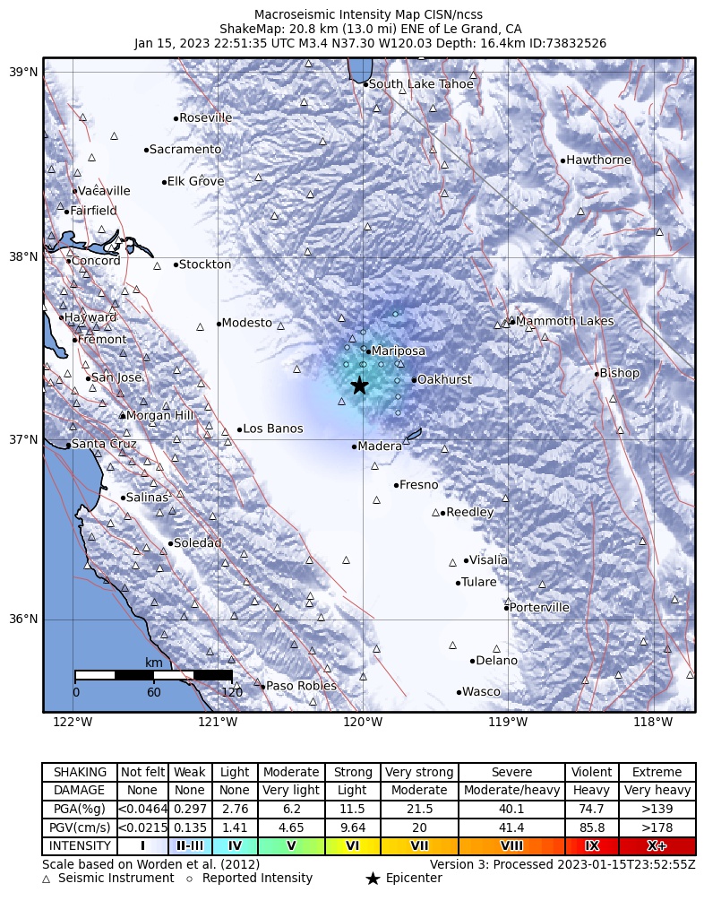USGS ShakeMap intensity contours for the M3.4 earthquake near 21km ENE of Le Grand, CA