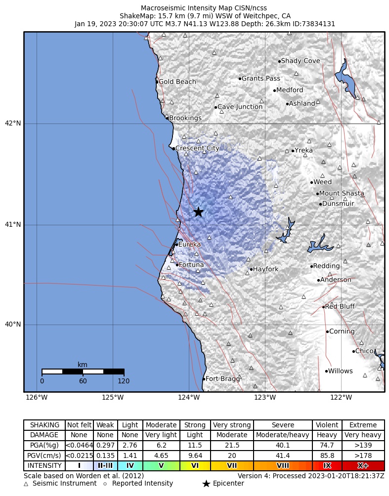 USGS ShakeMap intensity contours for the M3.7 earthquake near 16km WSW of Weitchpec, CA