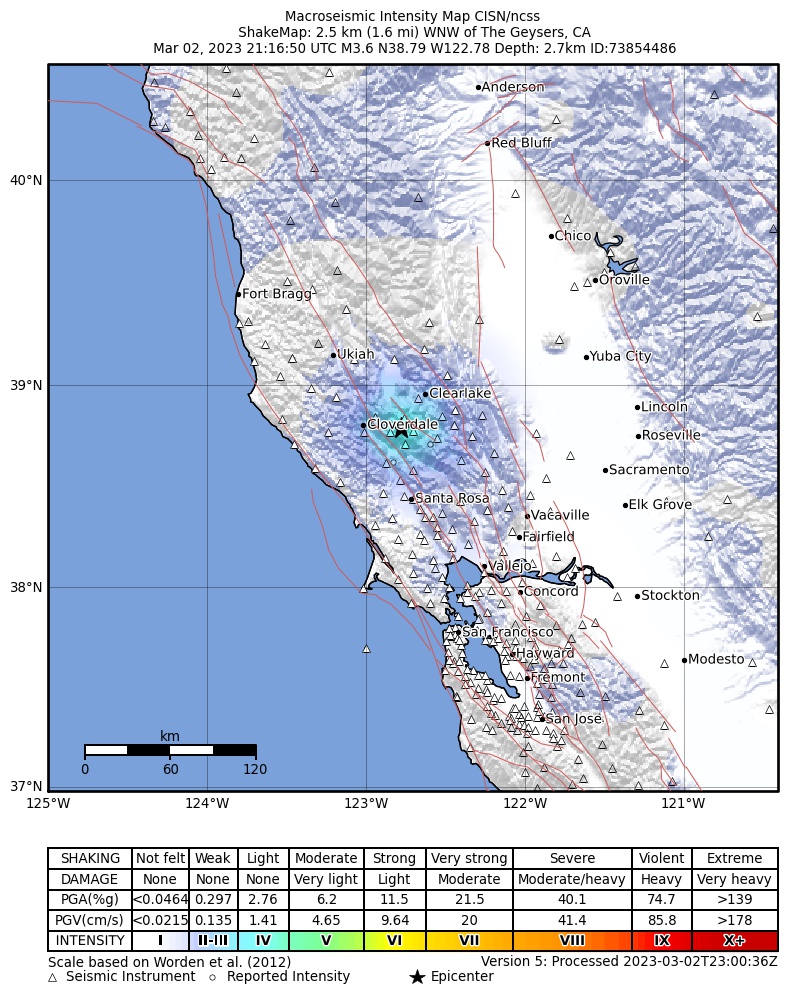 USGS ShakeMap intensity contours for the M3.6 earthquake near 2km WNW of The Geysers, CA