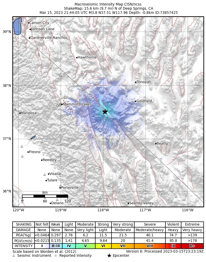 USGS ShakeMap intensity contours for the M3.8 earthquake near 16km N of Deep Springs, CA