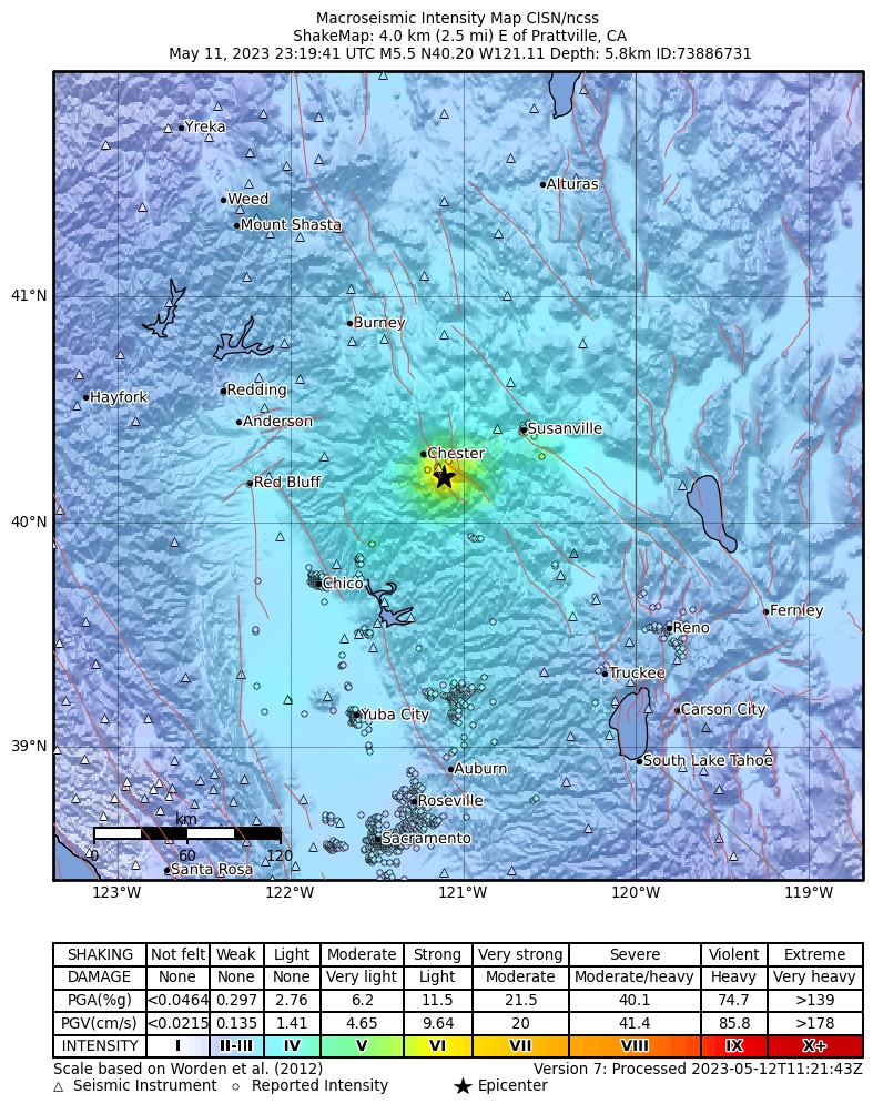 USGS ShakeMap intensity contours for the M5.5 earthquake near Lake Almanor Earthquake
