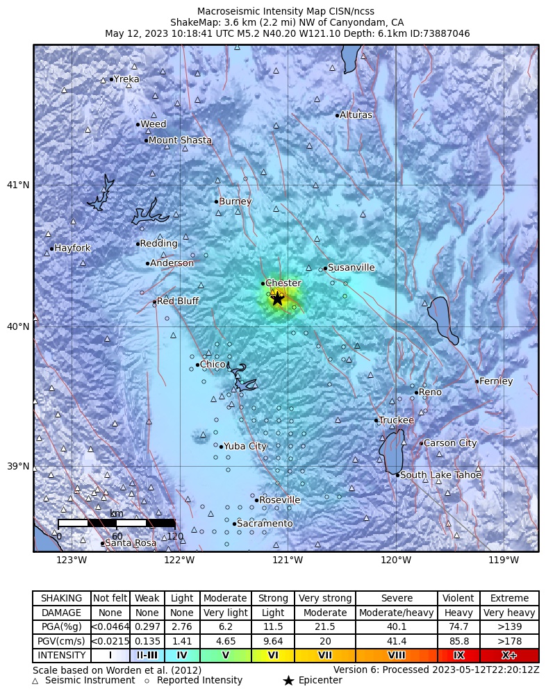 USGS ShakeMap intensity contours for the M5.2 earthquake near 4km NW of Canyondam, CA