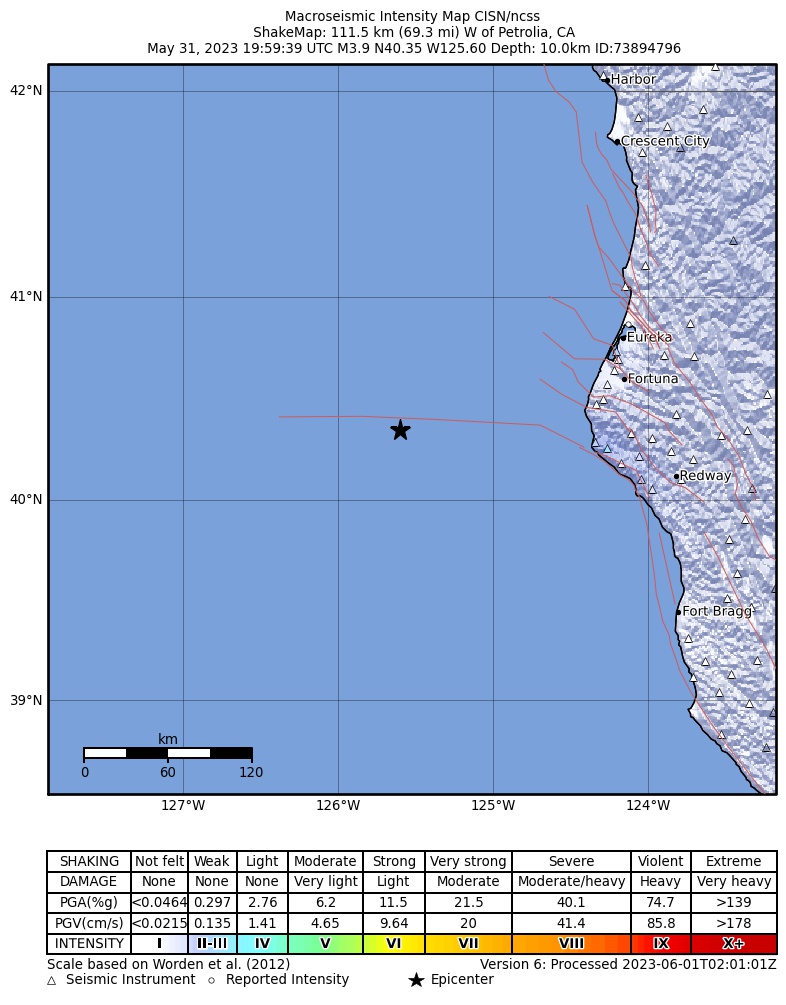 USGS ShakeMap intensity contours for the M3.9 earthquake near 112km W of Petrolia, CA