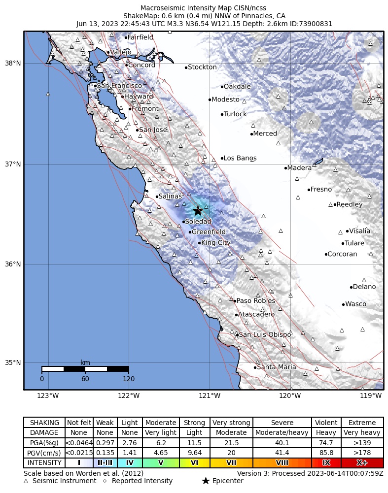 USGS ShakeMap intensity contours for the M3.3 earthquake near 1km NNW of Pinnacles, CA