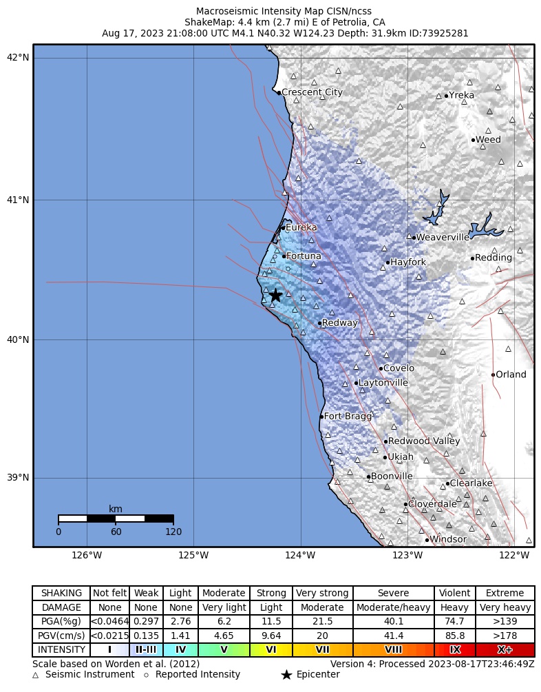 USGS ShakeMap intensity contours for the M4.1 earthquake near 4 km E of Petrolia, CA