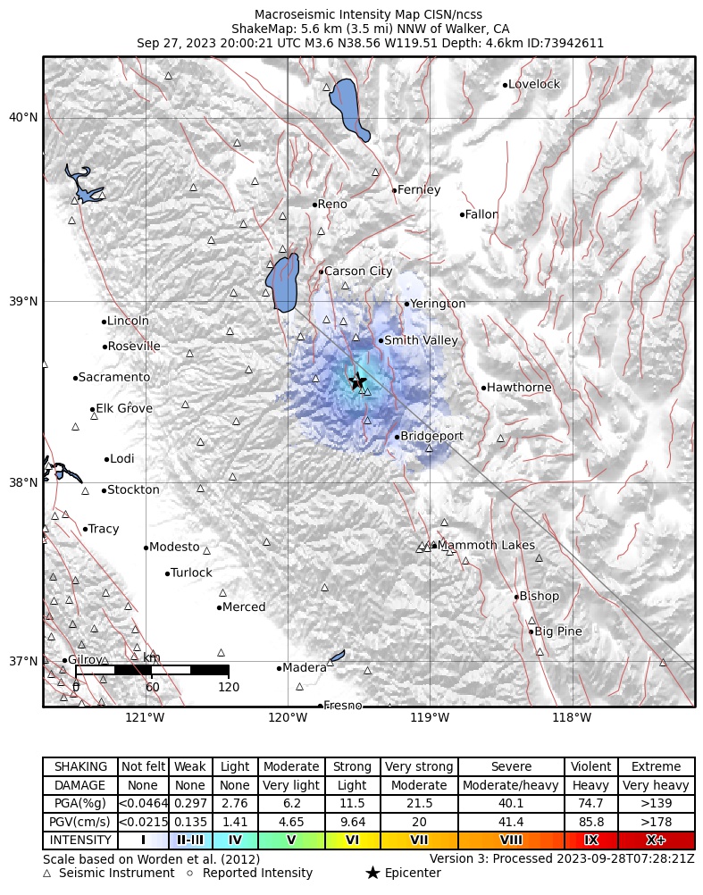 USGS ShakeMap intensity contours for the M3.6 earthquake near 6 km NNW of Walker, CA