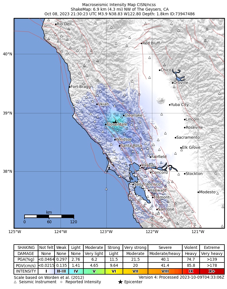 USGS ShakeMap intensity contours for the M3.9 earthquake near 7 km NW of The Geysers, CA