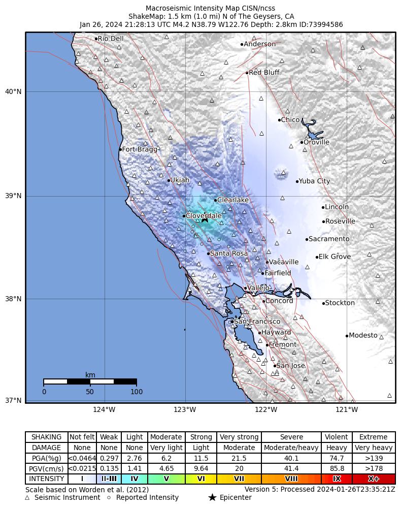 USGS ShakeMap intensity contours for the M4.2 earthquake near 2 km N of The Geysers, CA