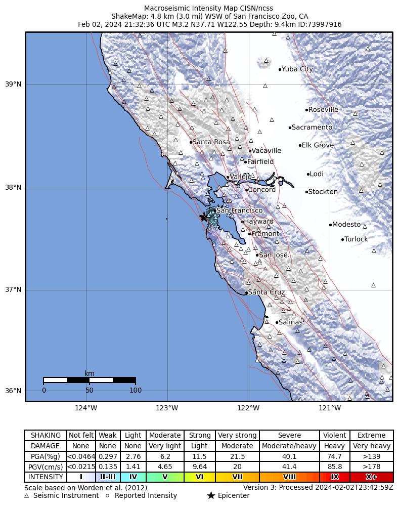 USGS ShakeMap intensity contours for the M3.2 earthquake near 5 km WSW of San Francisco Zoo, CA