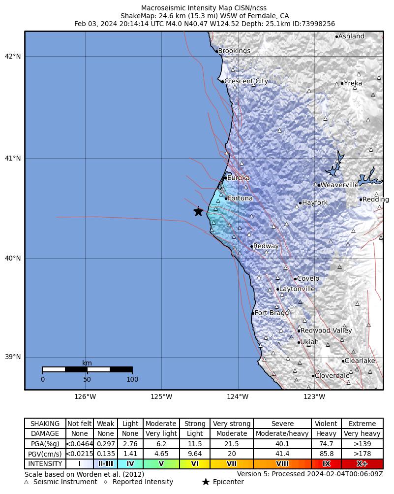 USGS ShakeMap intensity contours for the M4.0 earthquake near 25 km WSW of Ferndale, CA