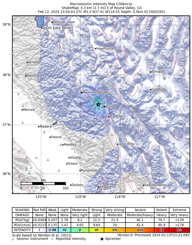 USGS ShakeMap intensity contours for the M3.5 earthquake near 4 km E of Round Valley, CA