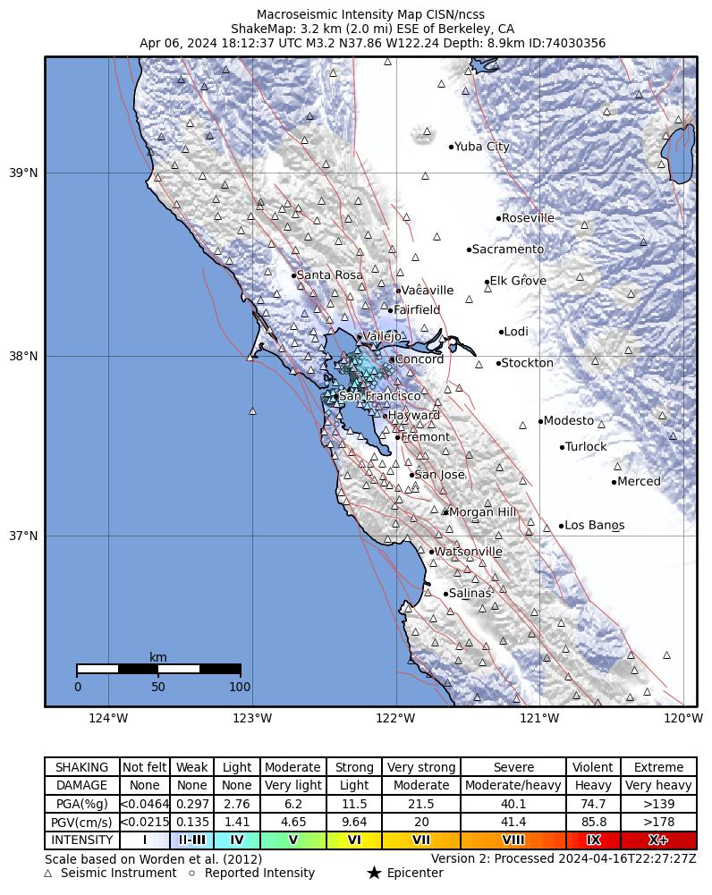 USGS ShakeMap intensity contours for the M3.2 earthquake near 3 km ESE of Berkeley, CA