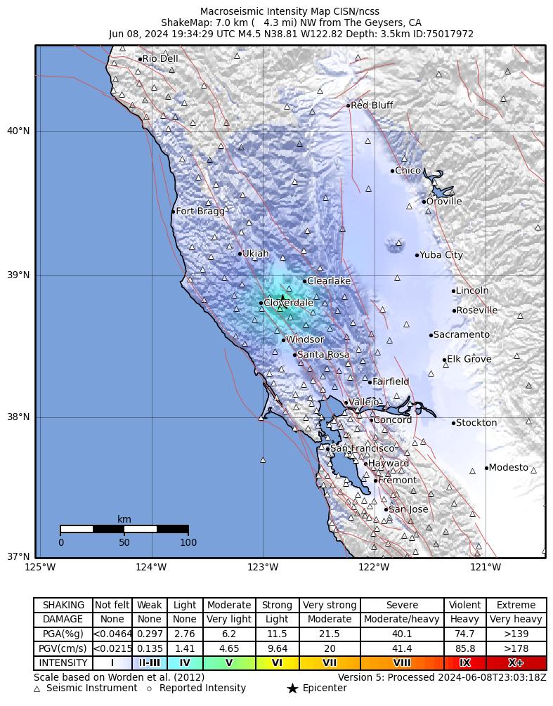 USGS ShakeMap intensity contours for the M4.5 earthquake near 7 km NW of The Geysers, CA