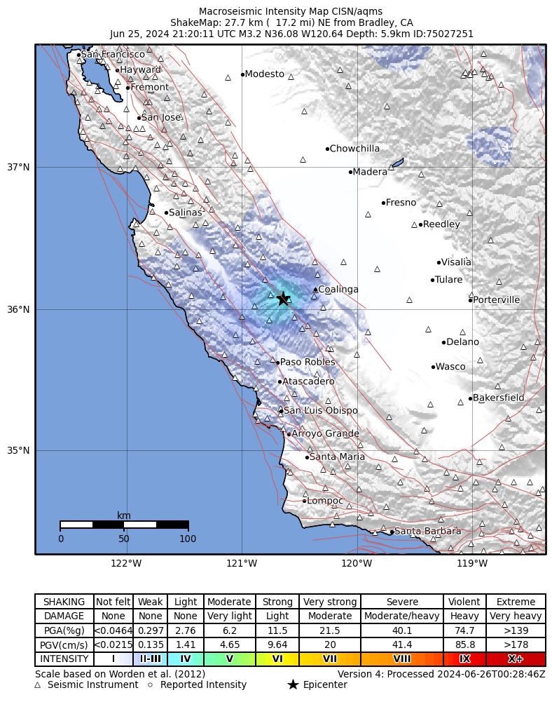 USGS ShakeMap intensity contours for the M3.2 earthquake near 25 km E of San Ardo, CA