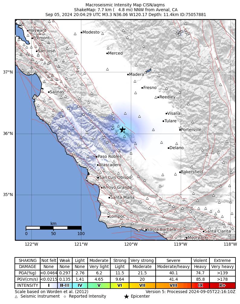USGS ShakeMap intensity contours for the M3.3 earthquake near 8 km NNW of Avenal, CA