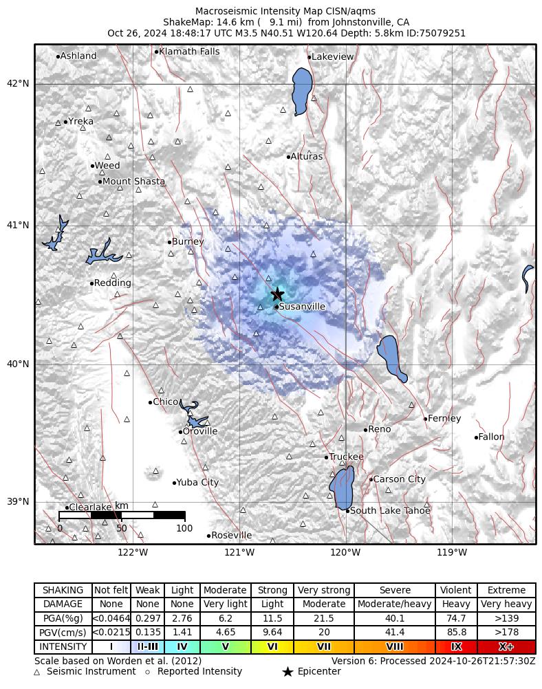 USGS ShakeMap intensity contours for the M3.5 earthquake near 10 km NNE of Susanville, CA