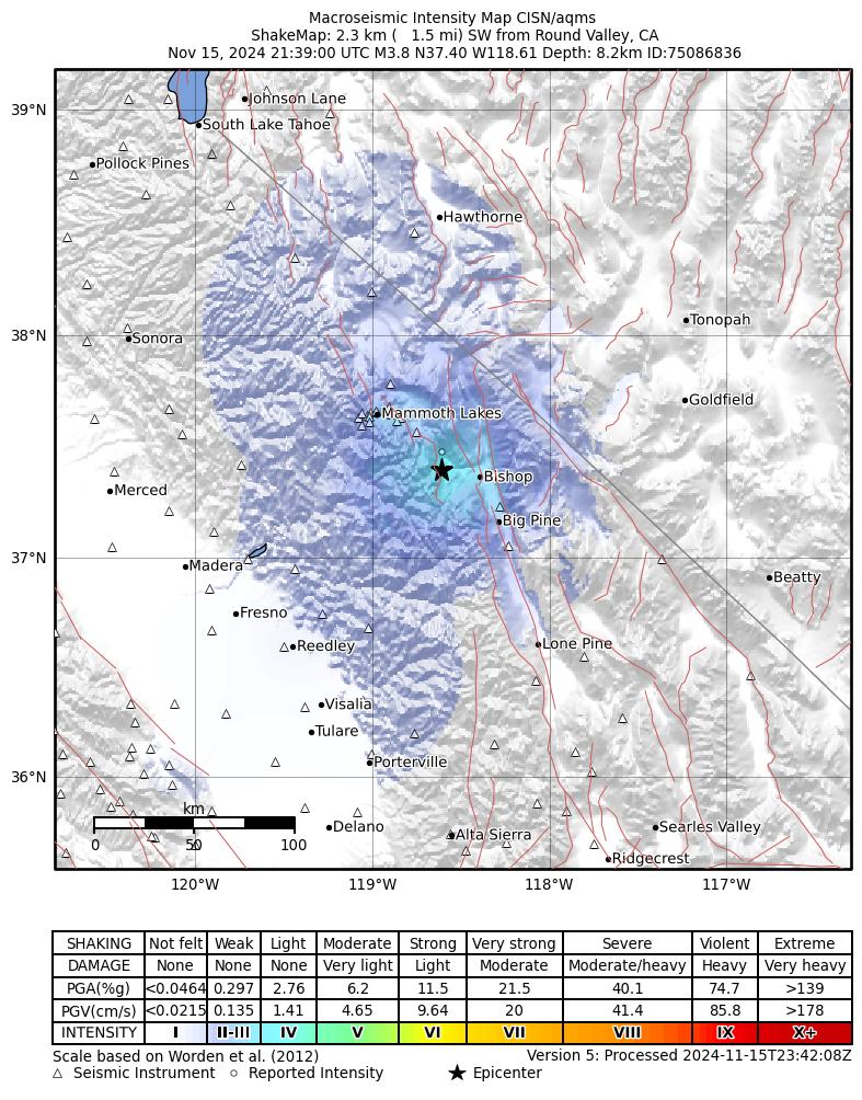USGS ShakeMap intensity contours for the M3.8 earthquake near 2 km SW of Round Valley, CA