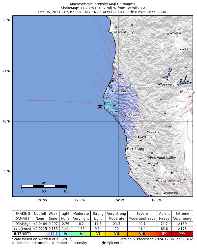 USGS ShakeMap intensity contours for the M3.7 earthquake near 17 km W of Petrolia, CA