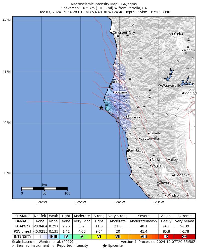 USGS ShakeMap intensity contours for the M3.5 earthquake near 16 km W of Petrolia, CA