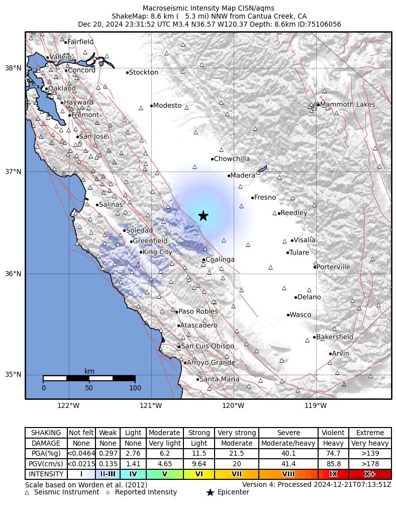 USGS ShakeMap intensity contours for the M3.4 earthquake near 9 km NNW of Cantua Creek, CA