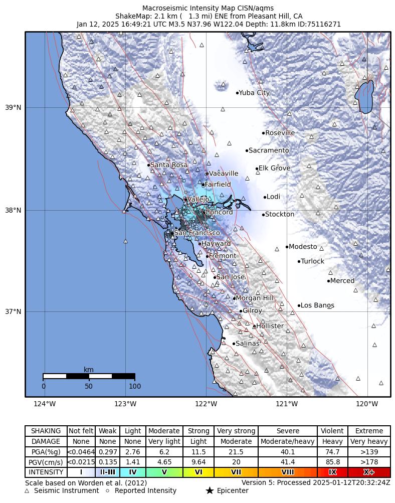 USGS ShakeMap intensity contours for the M3.5 earthquake near 2 km ENE of Pleasant Hill, CA
